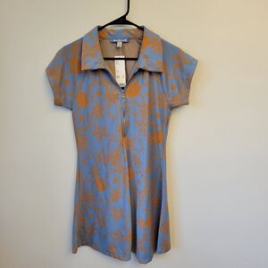 NWT Urban Outfitters Arla Zip Up Mini Dress Blue & Orange Floral, Size L